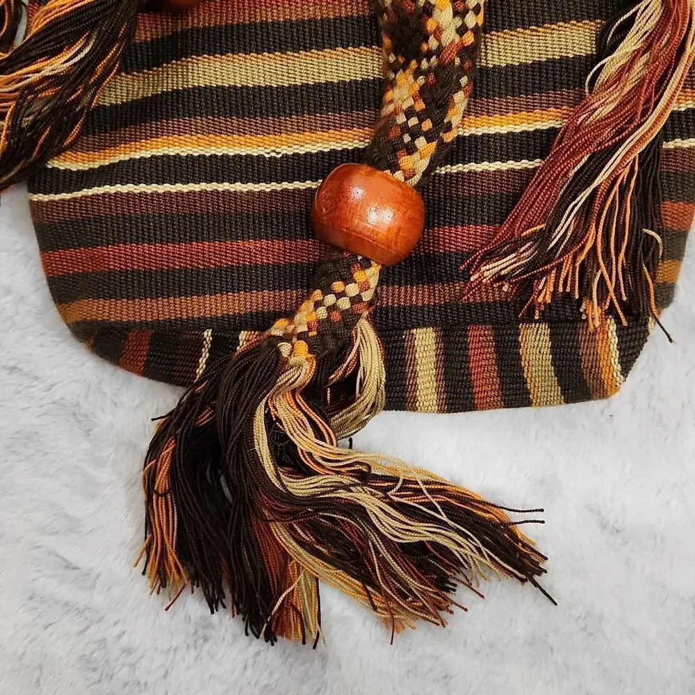 Handwoven Boho Woven Bucket Crossbody Bag Tribal Stripe Wood Bead Tassels - Picture 5 of 10